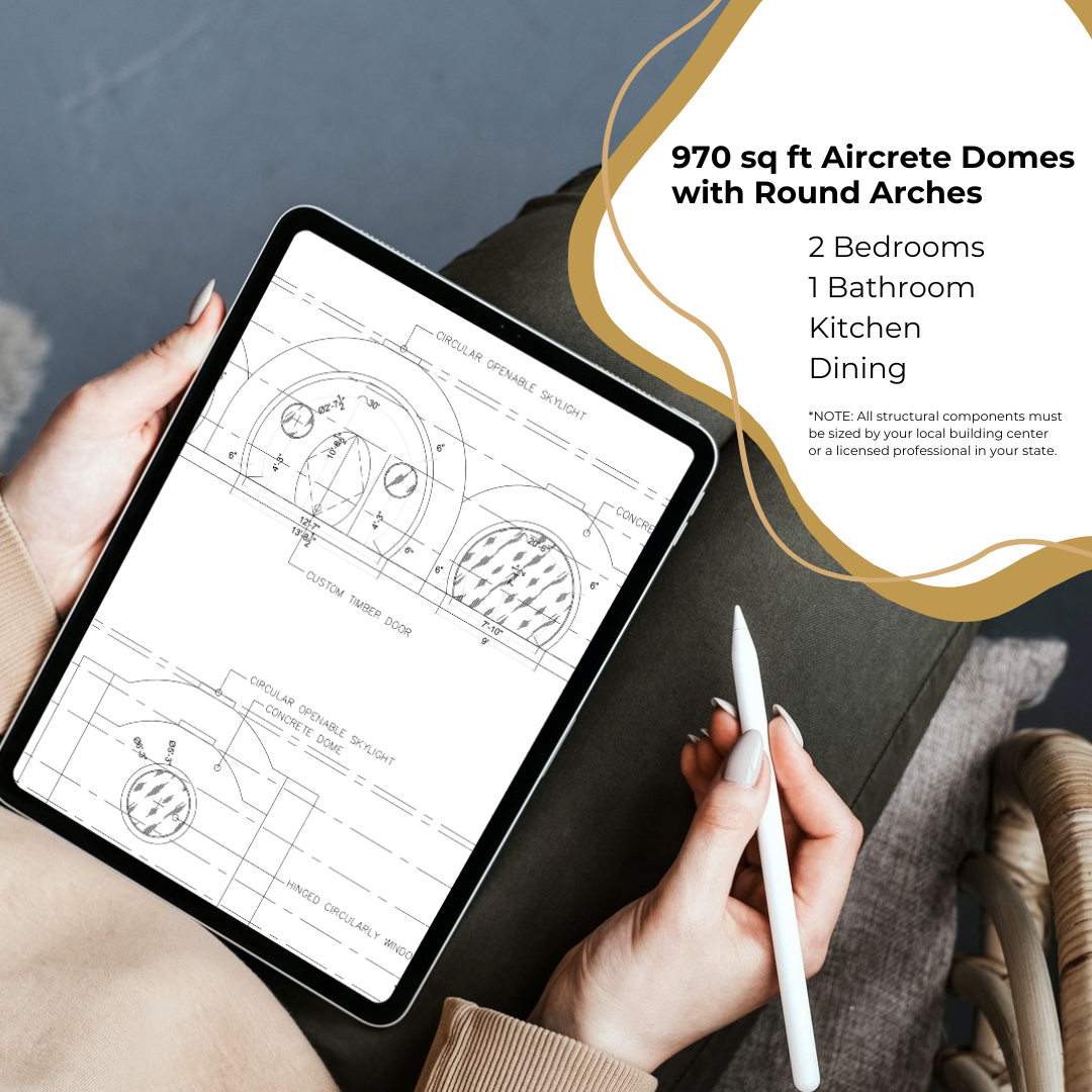 Elysian Falls Home Plans: 970 sq ft, 4 domes, 2 bedrooms, 1 bath, kitchen