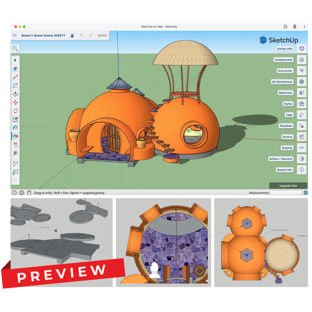 Steve's Home Plans: 382 sq ft, 3 domes, 1 bedroom, 1 bath, kitchen, rooftop